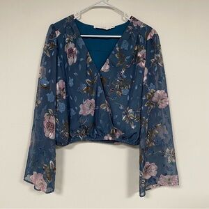 ASTR the Label Floral Wrap Blouse – Sheer Teal, Long Sleeve, Romantic Style